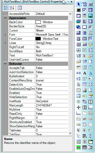 .Net Controls and Properties Grid Window