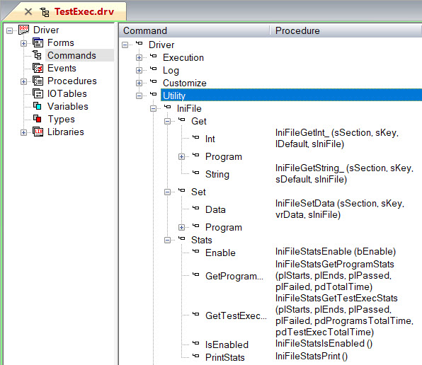 Test Executive INI File commands